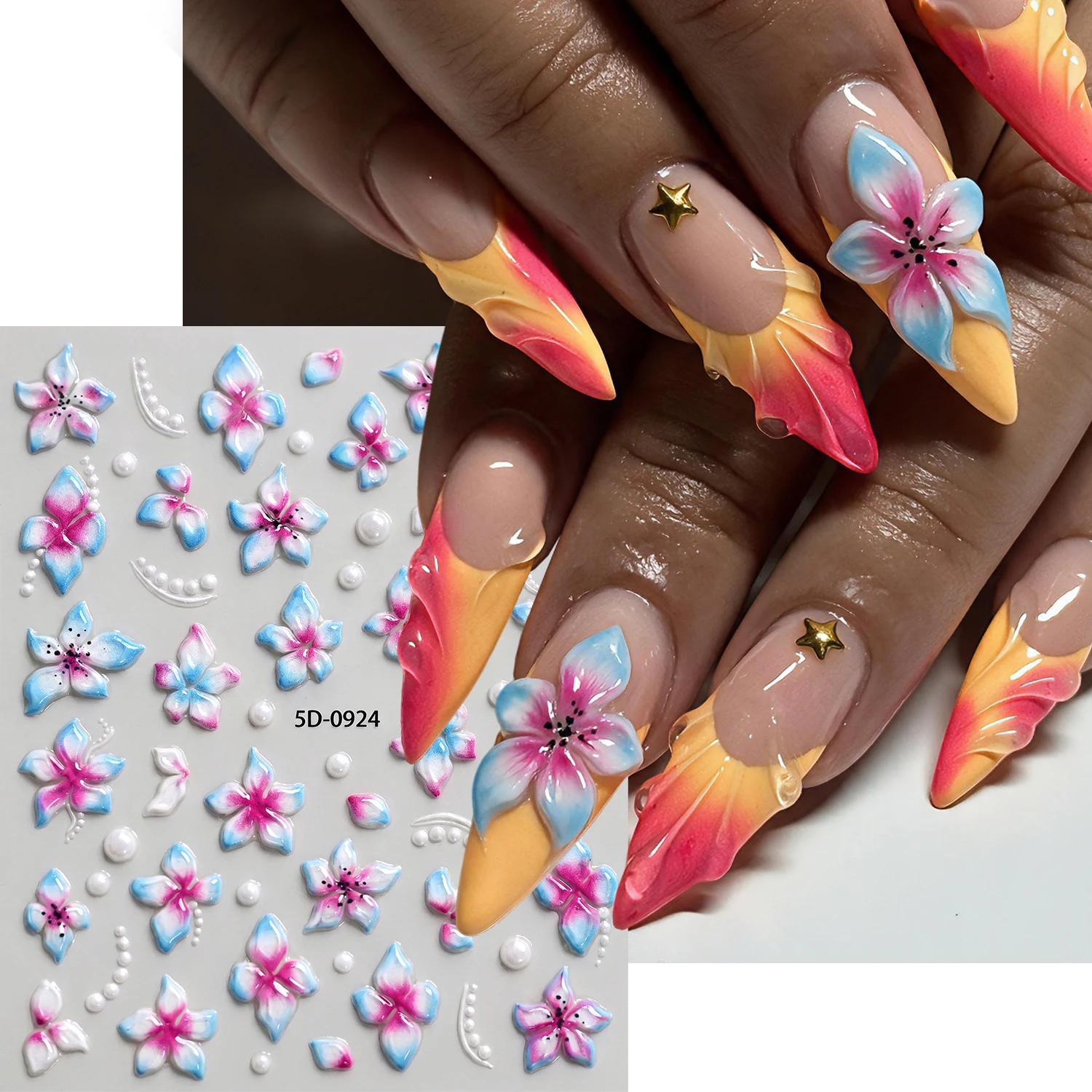 1Pcs 5D Embossed Flower Nail Stickers Pink Blue Gradient Floral Pearl Nail Art Decals For Women Manicure Salon Home Decoration *