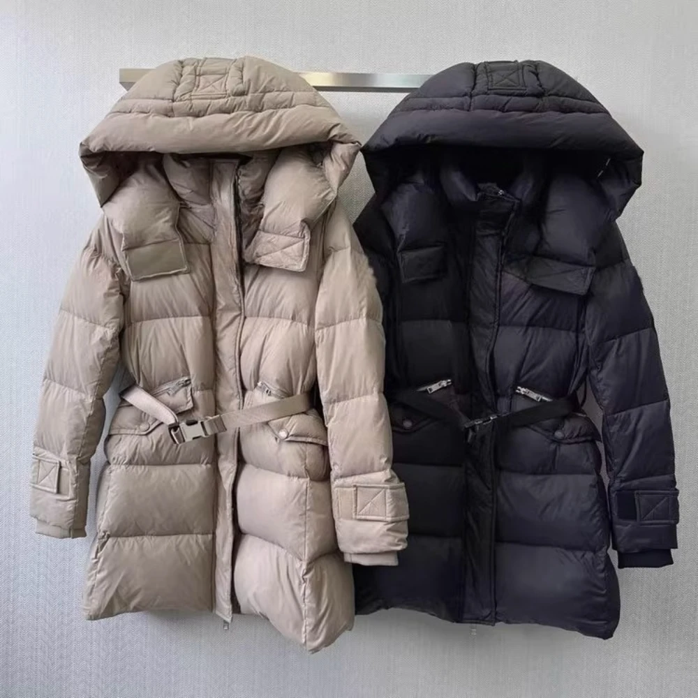 High end estilo britânico com capuz com cinto fino ajuste longo para baixo casaco feminino 2025 nova moda outono inverno grosso jaqueta casaco de inverno feminino