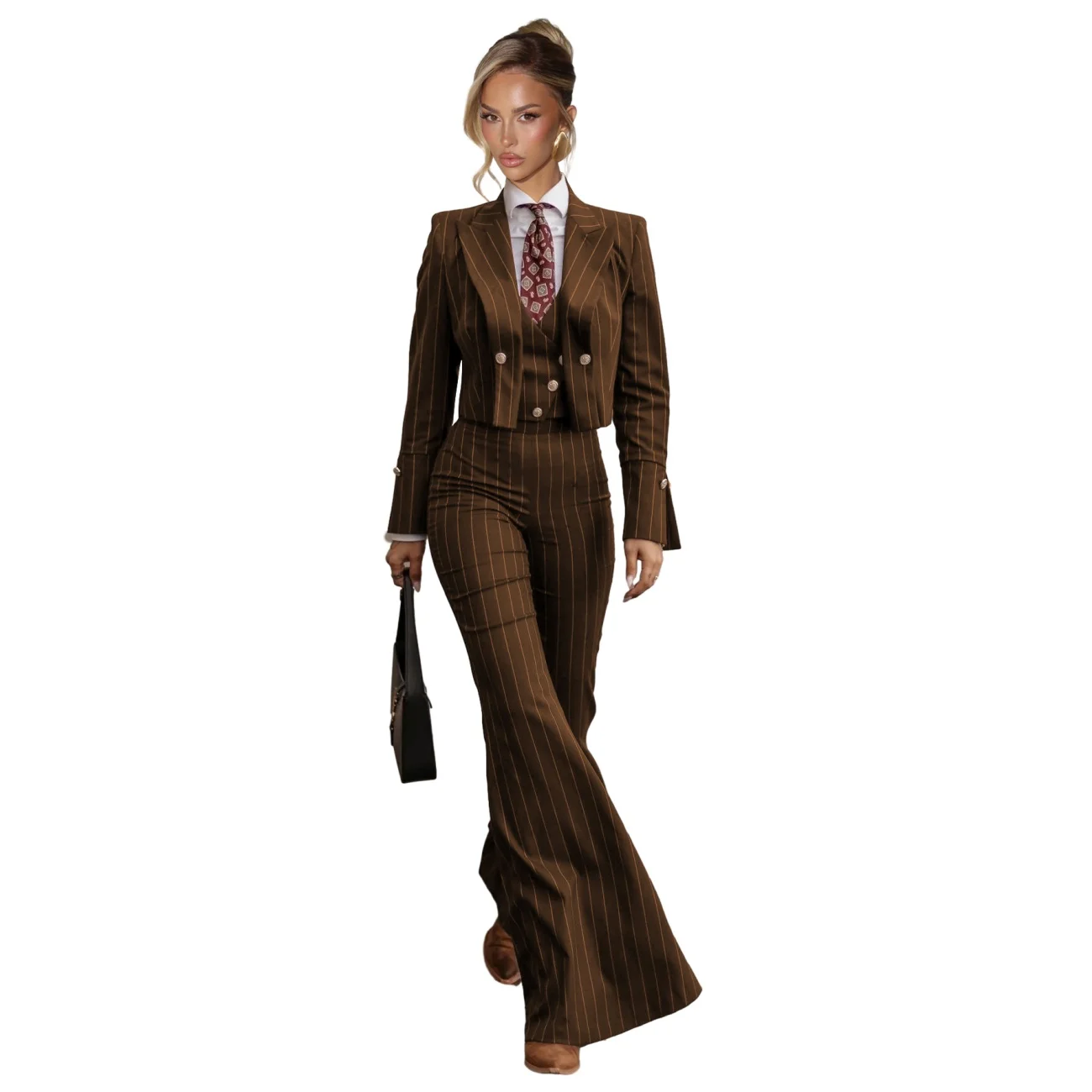 Stripe Suits for Women 3 Piece Peak Lapel Split Sleeves Womens Suit Casual Bell Bottoms Pant Suits for Women