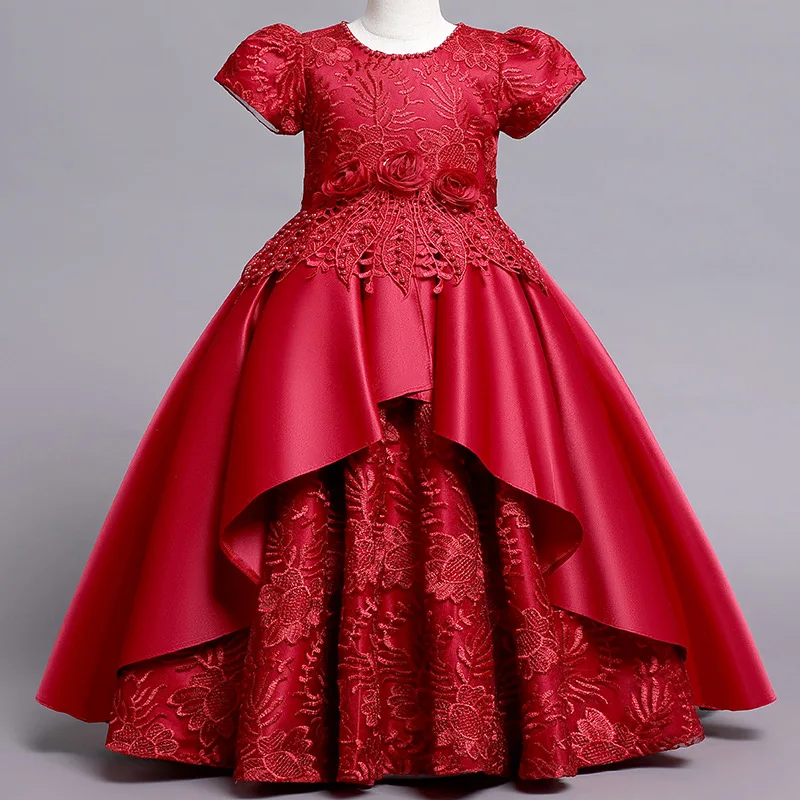 HETISO Girls Kids Flower Elegant Embroidery Princess Party Dresses Satin Children Christmas Birthday Wedding Prom Gown 4-12Y