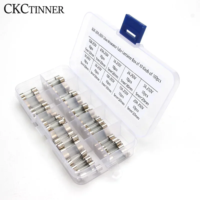 100Pcs/Set 5x20mm Quick Blow Glass Tube Fuse 0.2A0.5A 1A 2A 3A 5A 8A 10A 15A 20A Assorted BoxedKits Fast-blow Glass Fuses