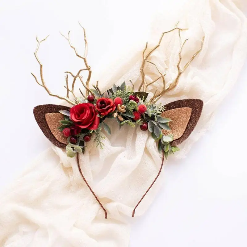 Christmas Elk Headband Deer Antlers Hair Dress Xmas Artificial Flower Headwear Merry Christmas Photo Prop Happy New Year 2025