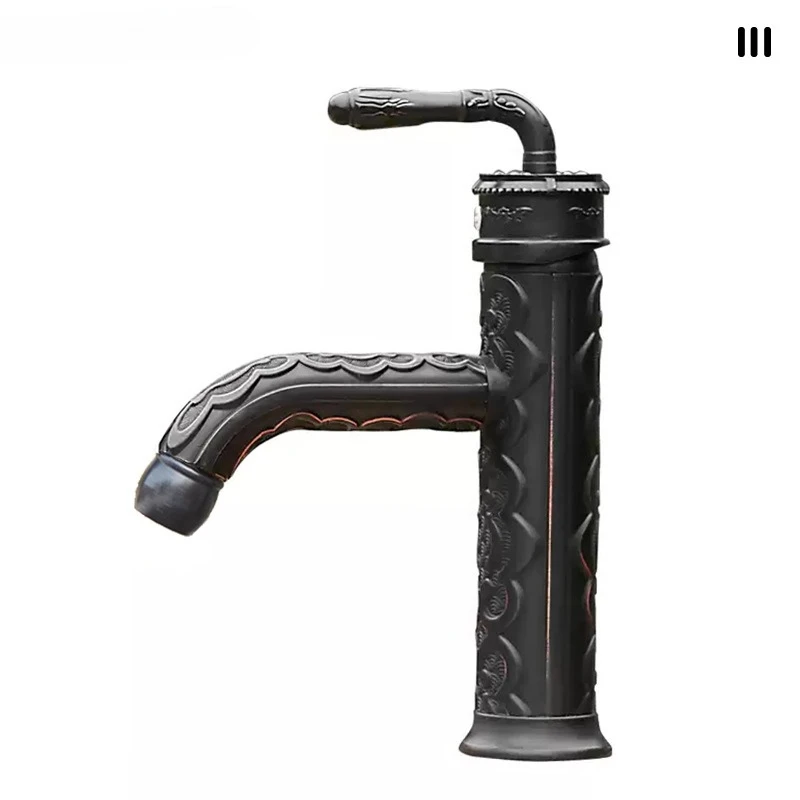 Basin Faucets Solid Brass Vintage carving Antique Bathroom Faucet Single Handle 360 Degree Swivel Spout Hot Cold Water
