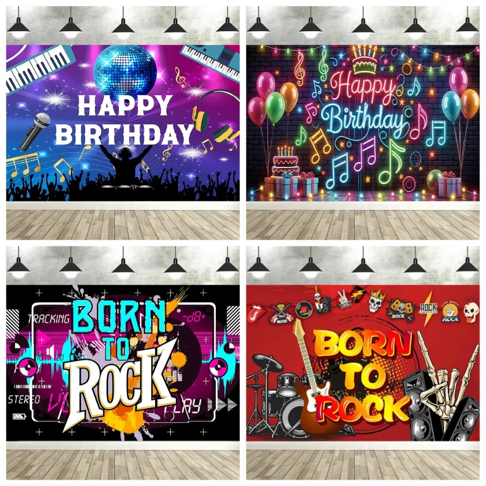 

Happy Birthday Rock Disco Theme Photography Backdrop, Hip Hop Music, Family Party Decoration Photography Studio Background Props