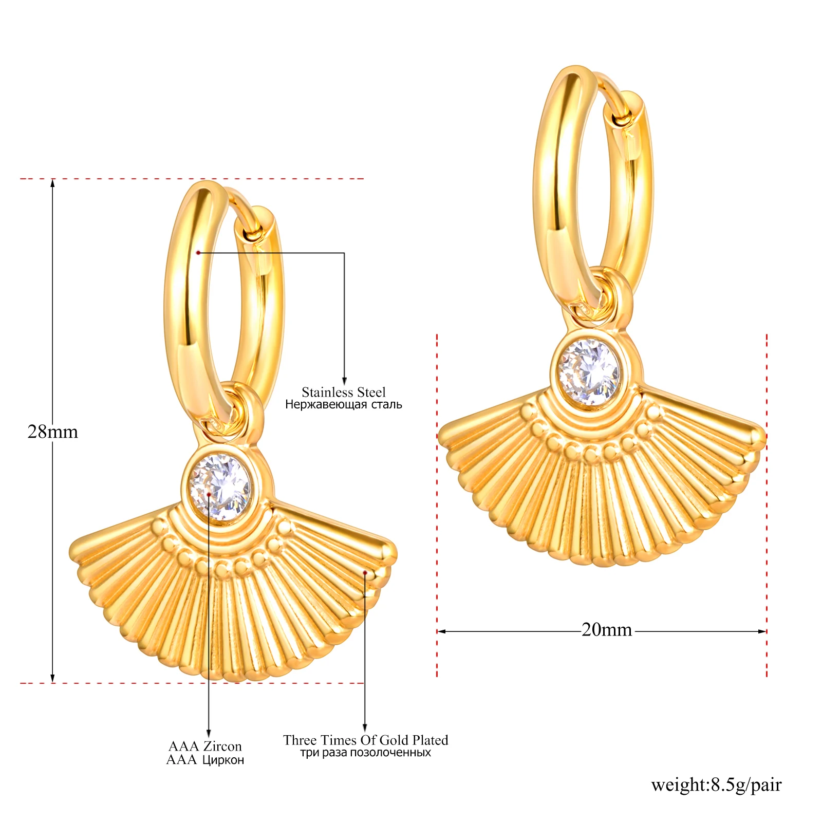 Lokaer 18K Gold Plated Fan Shape Chunky Open Hoops Earrings Blue Green White Cubic Zirconia Hoop Earrings For Women Girls E22160