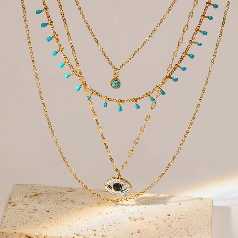 EILIECK 316L Stainless Steel Gold Color 4-Layer Chains Blue Stone Eyes Necklaces For Women Vintage Ladies Neck Jewelry Gifts