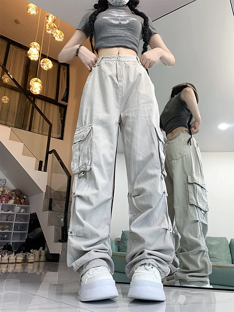 Women's Grey Y2k Cargo Jeans Baggy Harajuku Denim Trousers Vintage 90s Aesthetic Jean Pants Japanese 2000s Style Trashy Clothes