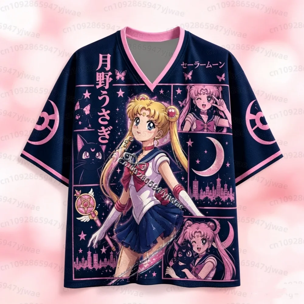 26 Sailor Moon Anime Mesh Jersey T-Shirt Tsukino Usagi Print V Neck Short Sleeve Tee Women Men Harajuku Streetwear Men T-Shirt view 3