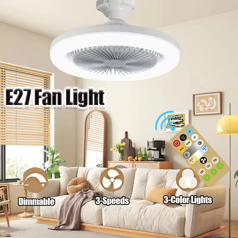 New Three-speed Mode LED Fan Light LED Lamp Bead E27 Screw Fan Light Remote Control Wall Control Bedroom Light Fan Ceiling