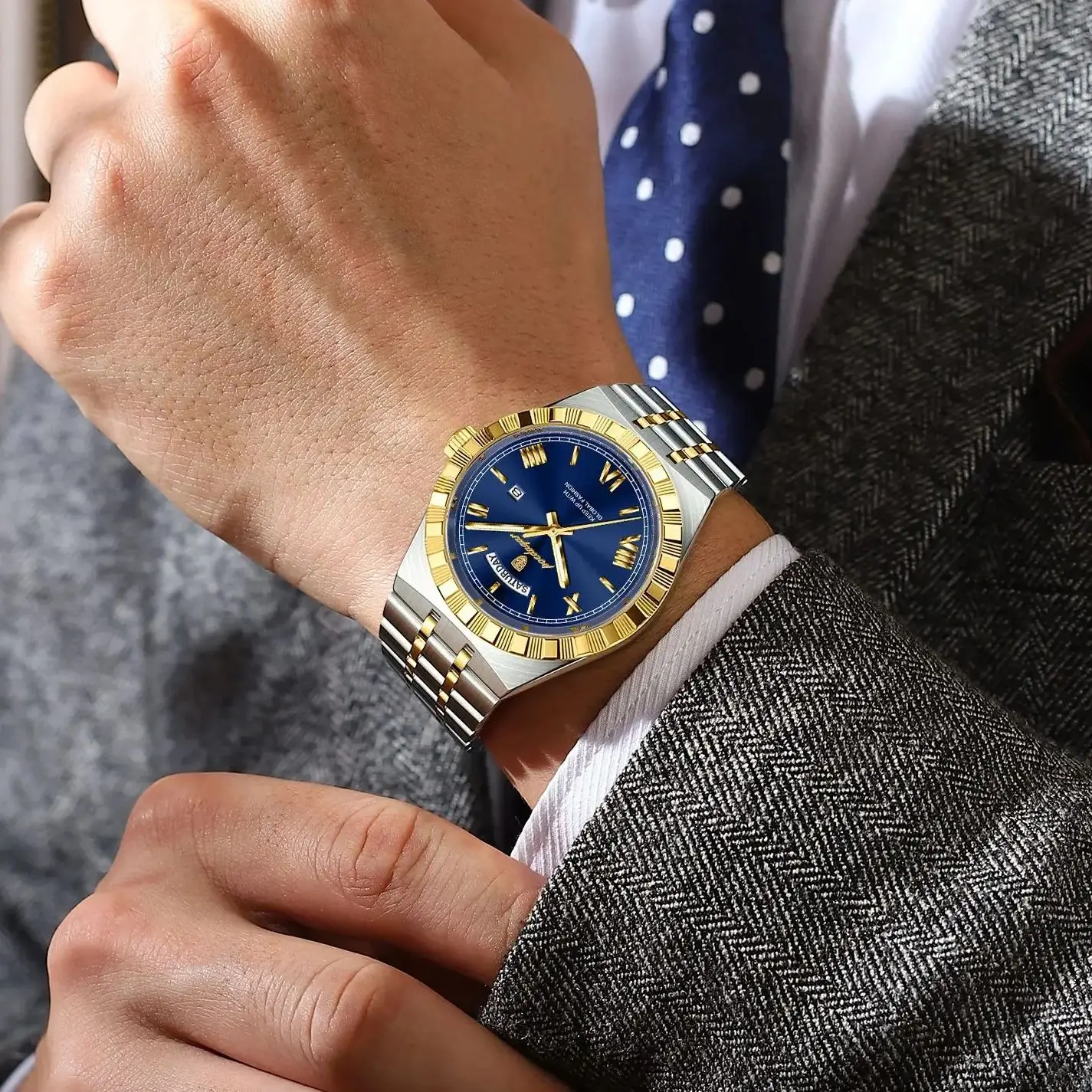 POEDAGAR موضة ساعات للرجال تاريخ الأسبوع مقاوم للماء ساعة رجالية مضيئة الفولاذ المقاوم للصدأ كوارتز ساعة يد رجالية رائعة Reloj