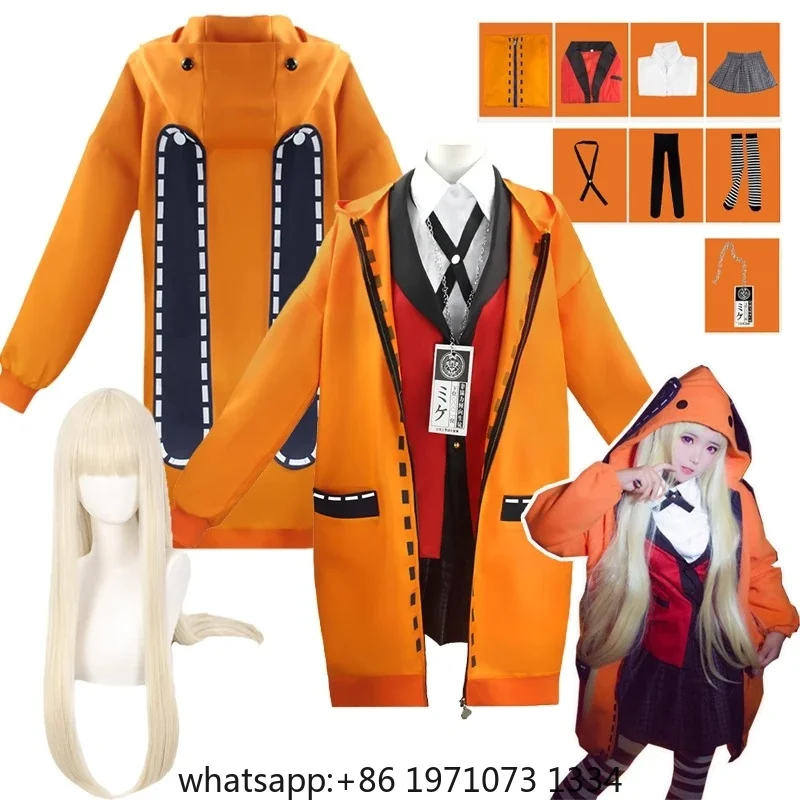 Yomozuki Runa Cosplay Costume Anime Kakegurui Cosplay Wig and Orange Hooded Jacket School Uniform Halloween Costume for Women
