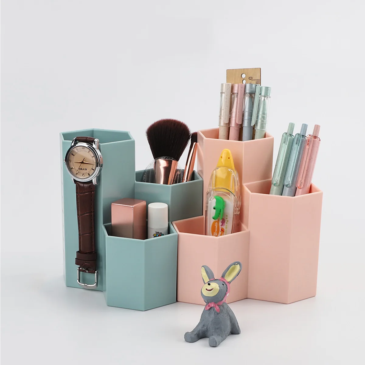 

1pc Hexagonal Pen Holder Desktop Organizer Blue PP Material Large Capacity Stationery Case Accessories