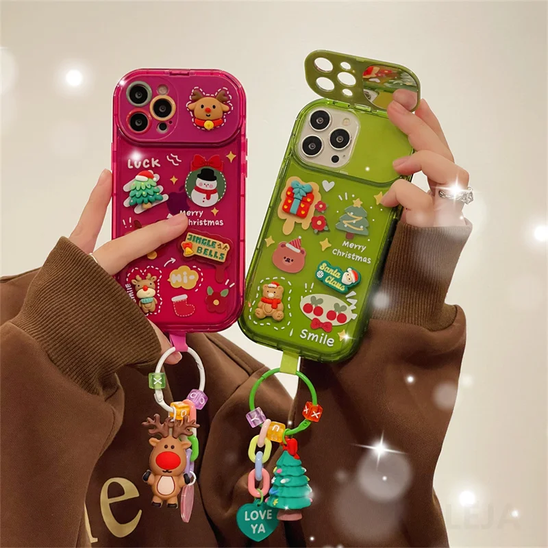 Cute flip mirror phone case for iPhone 15 14 11 12 13 Pro Max Soft cover stand Reindeer Pendant Ring anti fall phone case