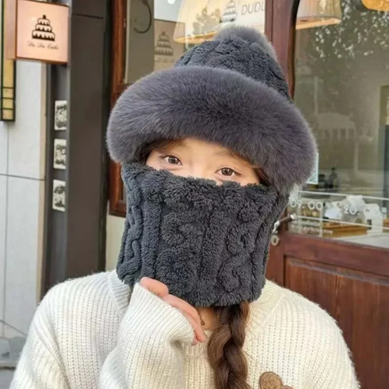 Winter Women's Fleece Warm Face Mask Hat Soft Plush Windproof Neck Protective Warm Thickened Scarf Hat Ear Protection Cap