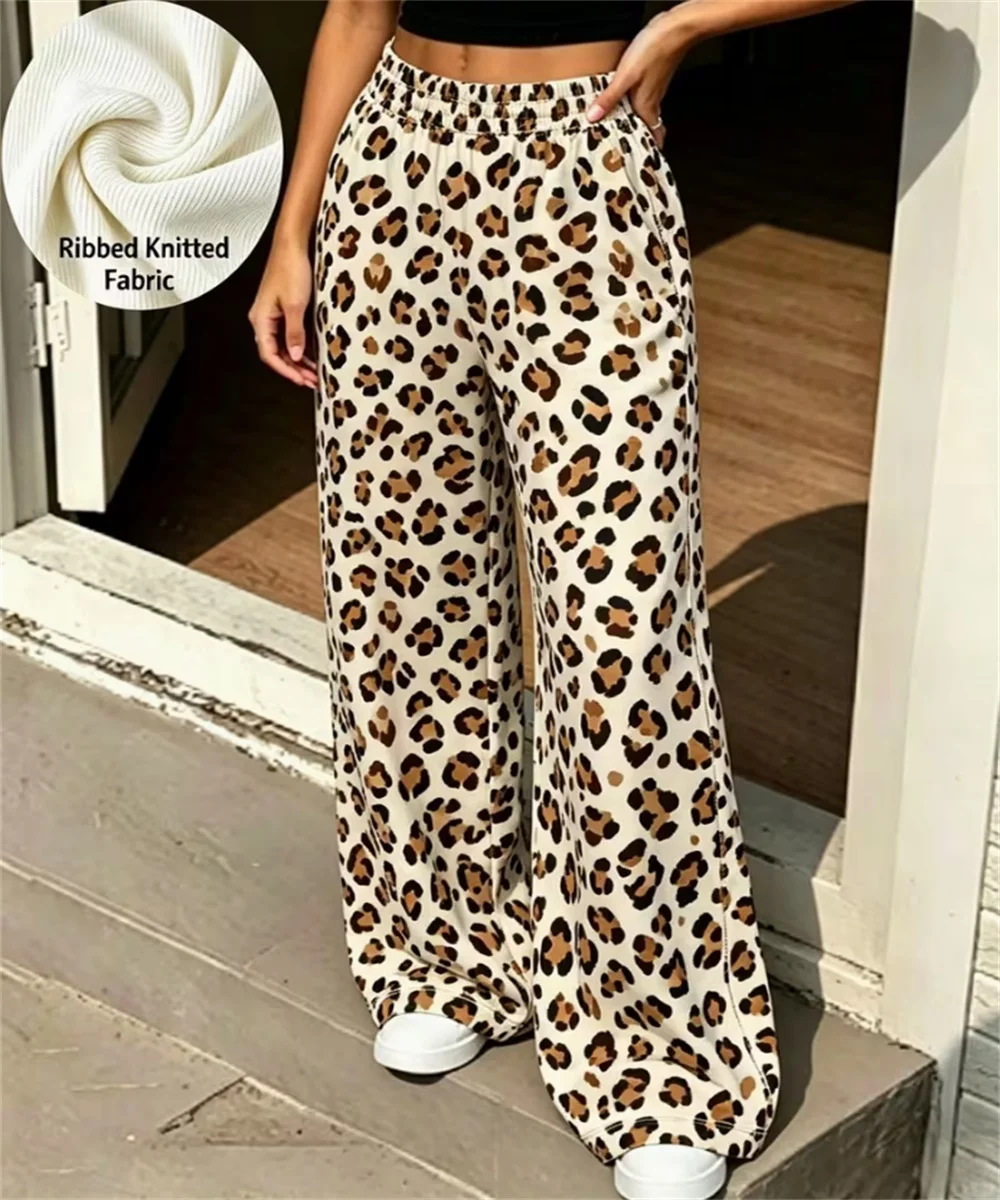 2026 autumn women's new blue orange leopard print casual wide leg pants, retro spicy style