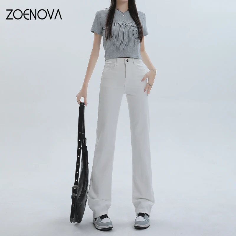 Zoenova koreanische Mode Sommer dünne weiße einfache Damen Jeans Büro Damen hohe Taille kleine gerade vielseitige Jeans hose