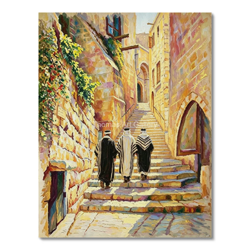 Vintage Jewish Quarter Canvas Art HD Print Old Jerusalem Alleyway Jewish Painting Colorful Holy Land Wall Decor for Living Room