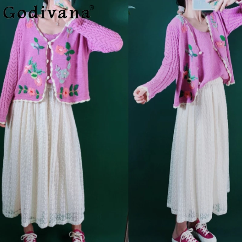 Spring Autumn Fashion Versatile Ethnic Style Embroidered Knitted Top Sweet Girl Elegant V-neck Loose Leisure Sweater Cardigan