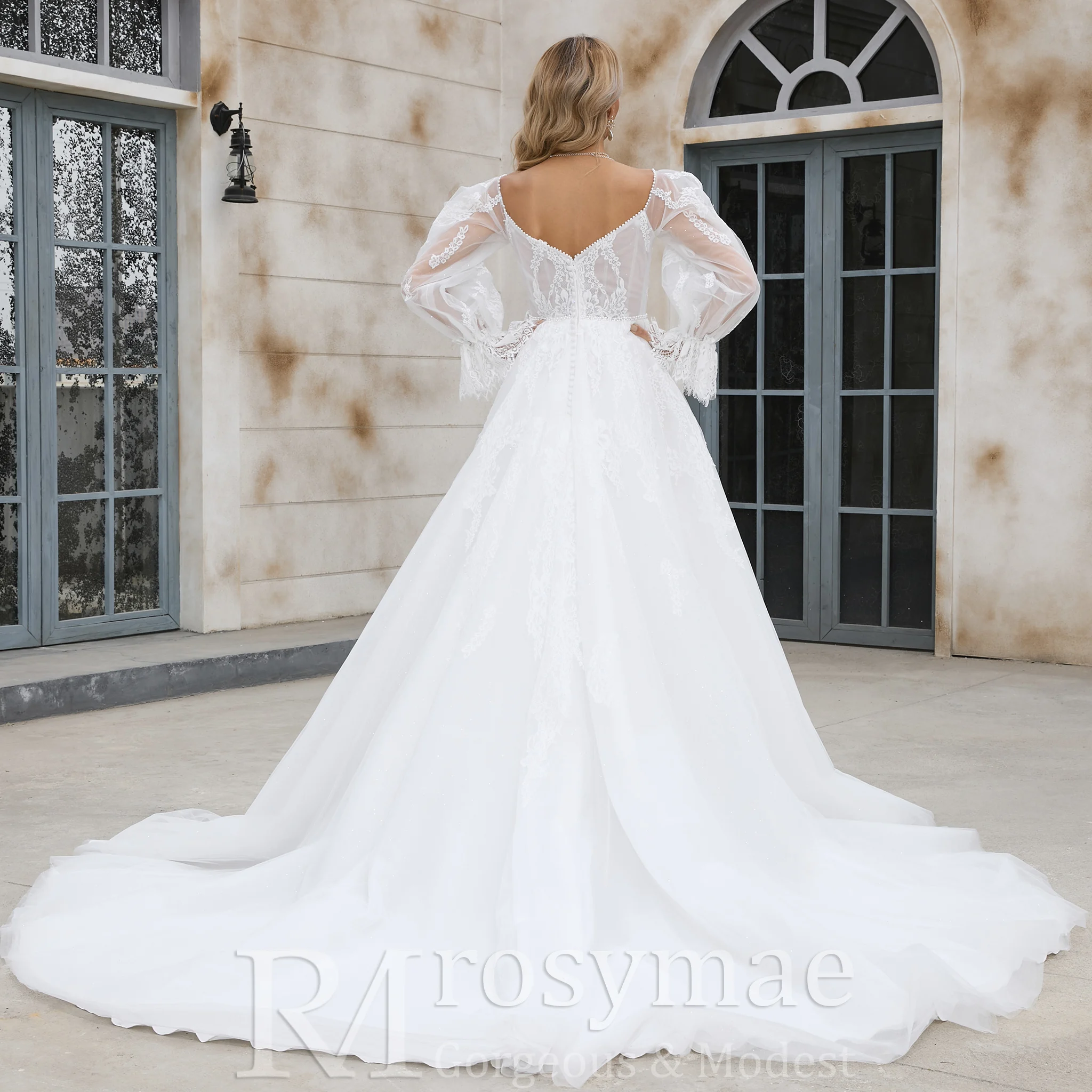 Rosymae off-the-shoulder gezwollen trouwjurk met lange mouwen, bruidsjurk