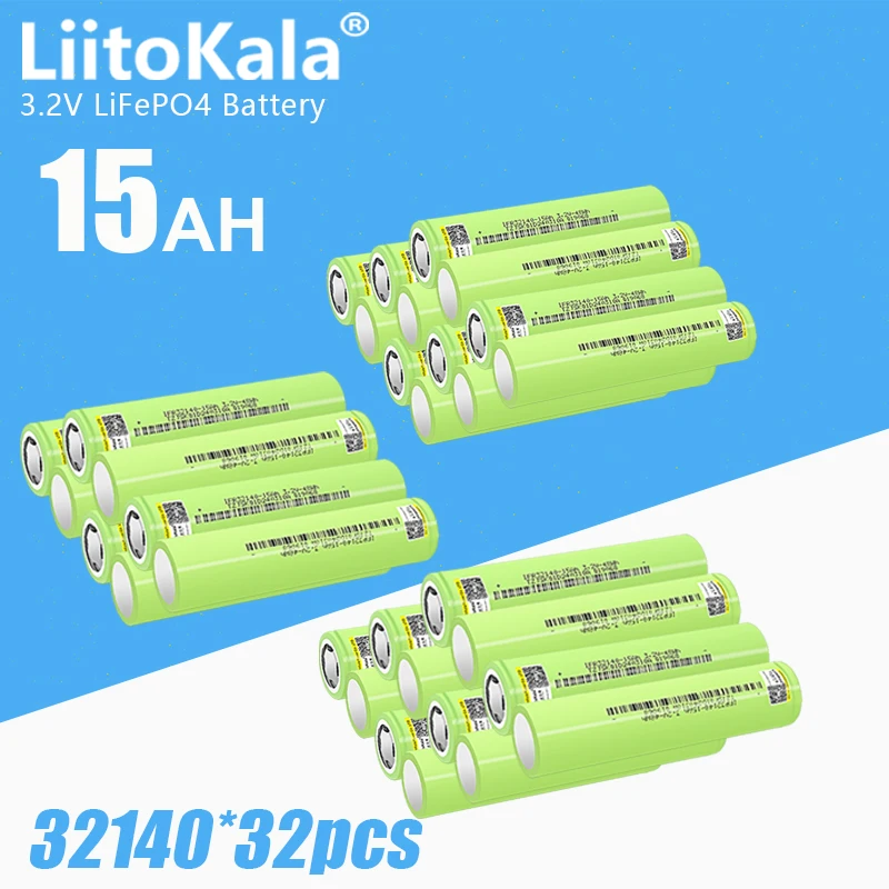 32pcs LiitoKala 3.2V15Ah 32140 lifepo4 lithium battery 15000mAh diy 12v 24v High Power e bike e-scooter power tools Battery pack