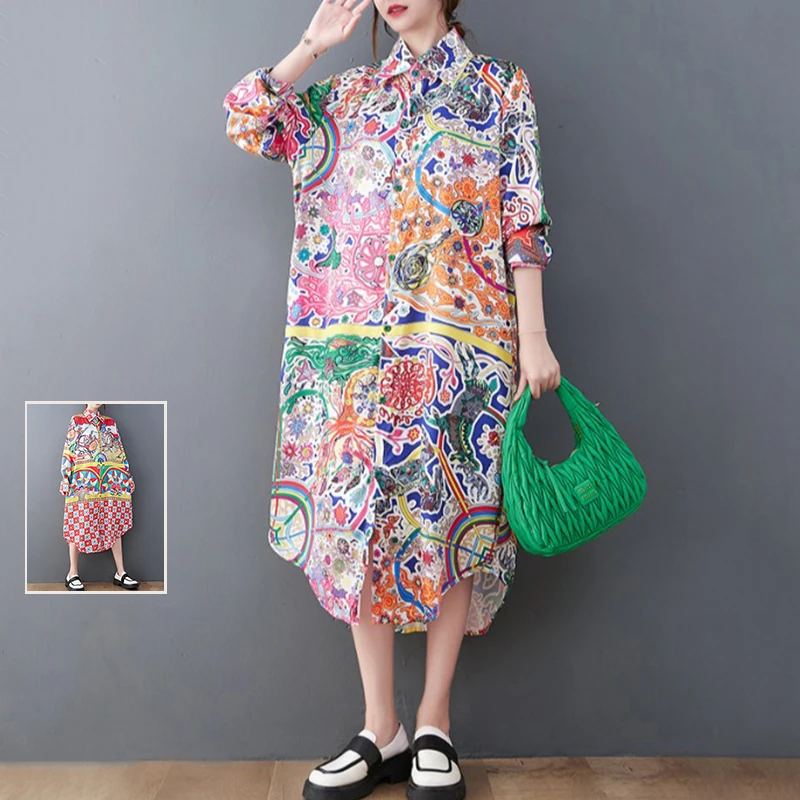 

Большие размеры Faionable с принтом irt Dr Collar Long Sve Асимметричный подол Повседневная женская одежда для поездок на работу Dr