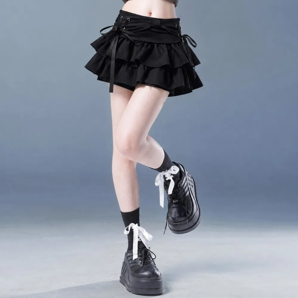 Preppy Style Bowknot Girl Pleated Skirt Pleated Design Lace Edge Uniform Skirt Black White Lolita Skirt For Women Girls