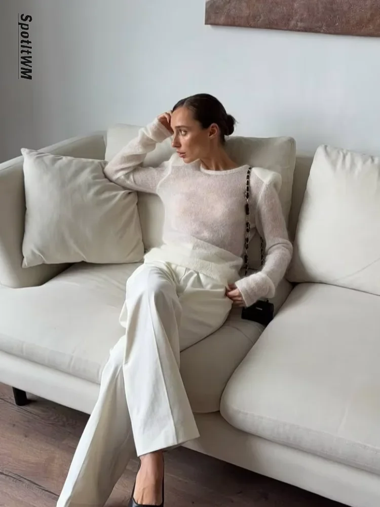 Women Solid See Through Knitted Pullover Sexy Round Neck Full Sleeve Slim Fit Thin Sweater 2025 High Street New Knitwear Fashion