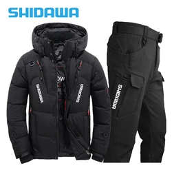 New Men Winter Thicken Warm Fishing Sets Outdoor Windproof Breathable Fishing Multi Pocket Hooded Down Jacket + Waterproof Pants