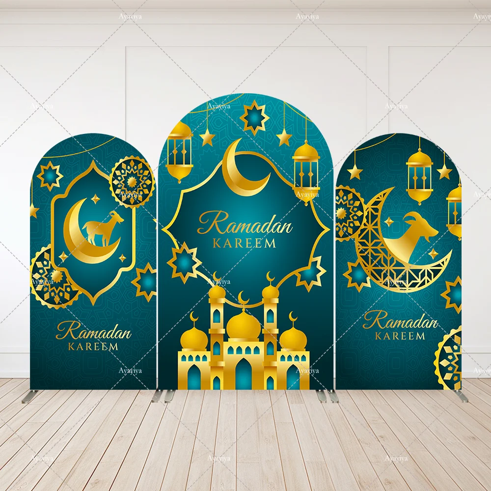 

Muslim Ramadan Kareem Arch Backdrop Cover Golden Moon Stars Lanterns Islamic Background Eid Mubarak Party Decoration Supplies