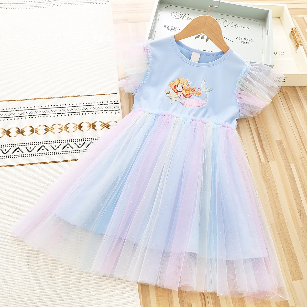 

2024 New Princess Dresses Girls Dress Summer Flying Sleeve Kids Clothes Mermaid Party Baby Dresses for Children Clothing Ariel