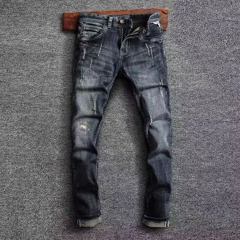 

Newly Designer Fashion Men Jeans Retro Black Blue Elastic Slim Fit Frayed Ripped Jeans Men Vintage Casual Denim Pants Hombre