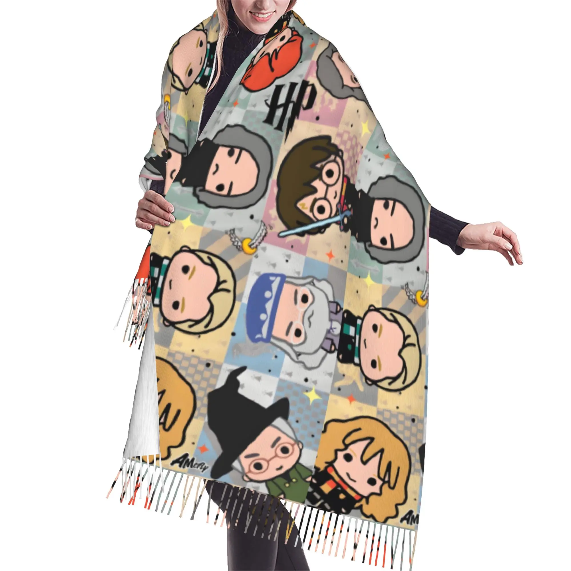 Custom Female Large Halloween H-Harryed Scarves Women Winter Fall Soft Warm Tassel Shawl Wrap Magic School Spooky Scarf