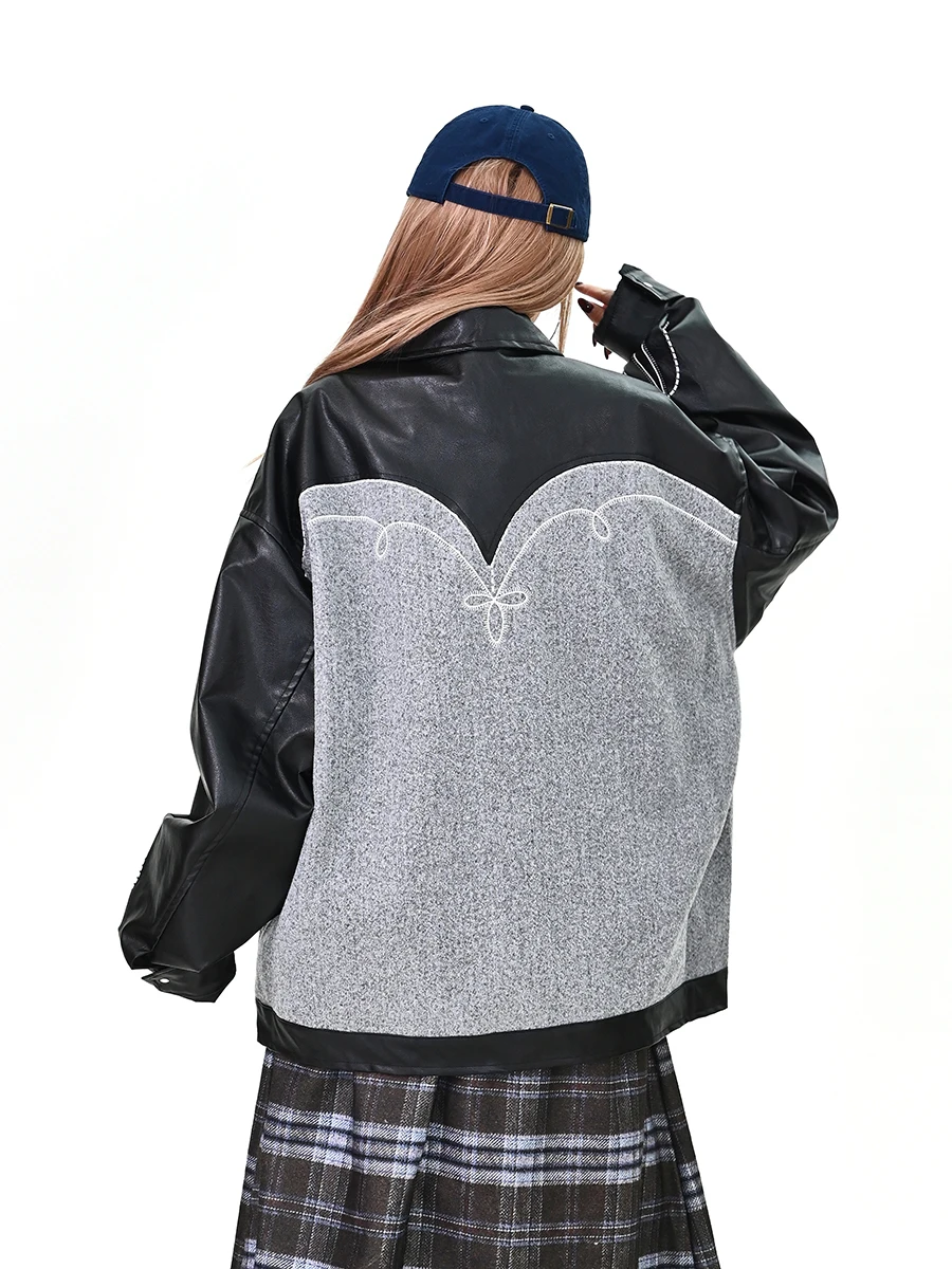 Giacca da donna Street Style ampia in pelle PU con patchwork e design deconstruito, Collezione Primavera 2026, Capo spalla trendy High Street