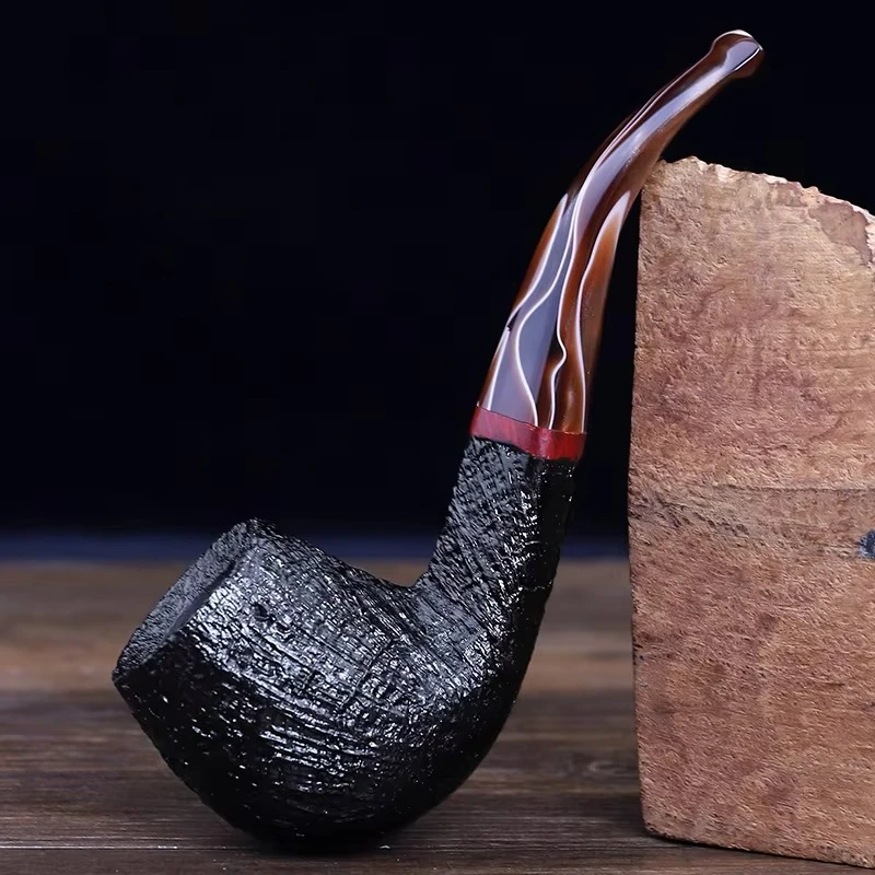 MUXIANG Handmade Briar Wood Pipe Black Sandblasted Diplomat 9mm Filter Curved Stem Vintage Tobacco Pipe Gift