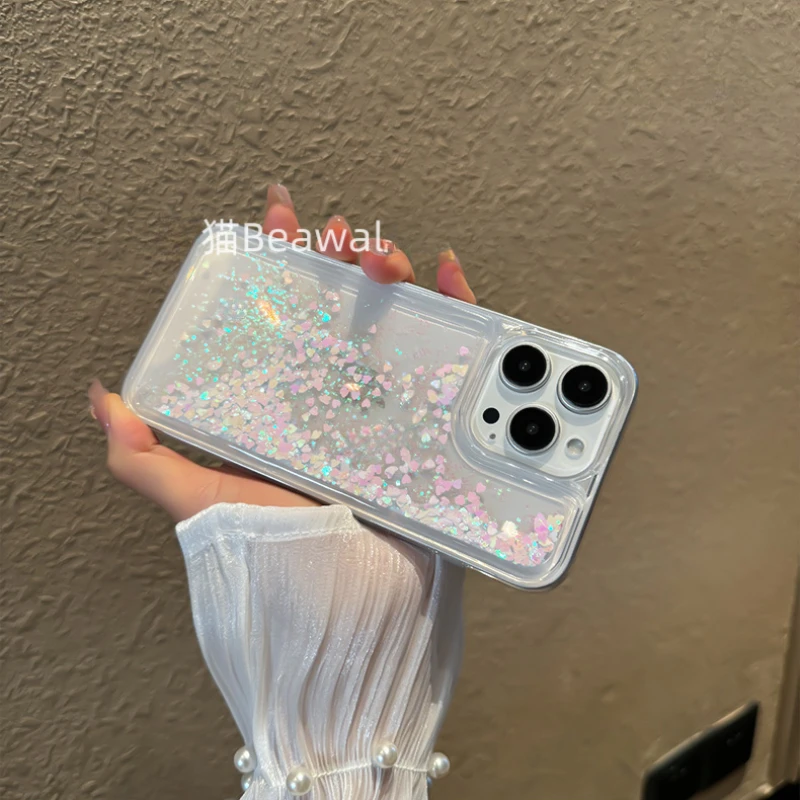 Liquid Flowing Glitter Quicksand Case Cover for iPhone 15 14 16 Pro Max Shiny Sparkles Sand Shell Soft Silicone Clear Funda Hull