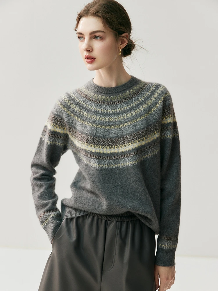 CHICUU Women Autumn Winter O-neck Vintage Style Pullover Sweater 100% Cashmere Knitwear Thick Warm Jacquard Knitting Sweater Top - Detail 1