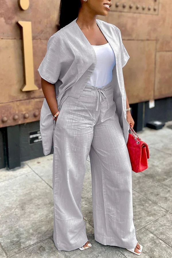 Summer Casual 2 Piece Set Women Solid Open Short Sleeve Outfit Top High Waist Wide Leg Pant Suit Women Two Piece Outfits