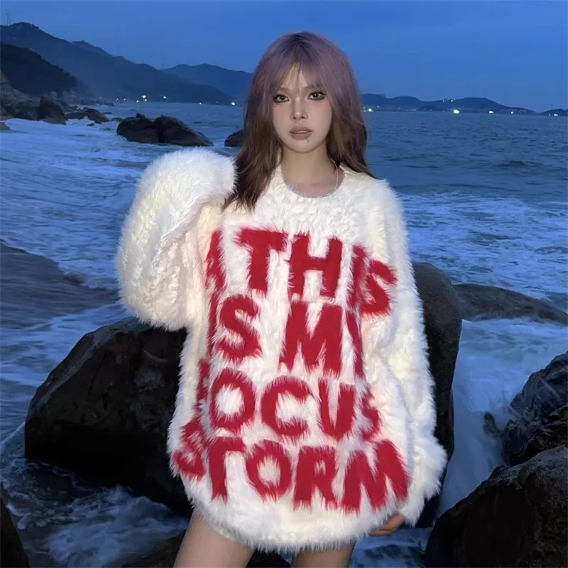 سترة للزوجين على الطراز الأمريكي، ملابس خارجية شتوية محبوكة فضفاضة غير رسمية للرجال والنساء برقبة دائرية وأكمام طويلة