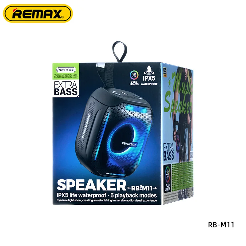 REMAX Party LED Light Portable Wireless Speaker Extra Bass Bluetooth 5.4 IPX5 Waterproof Support AUX/TF-Card/USB-Drive/FM RB-M11