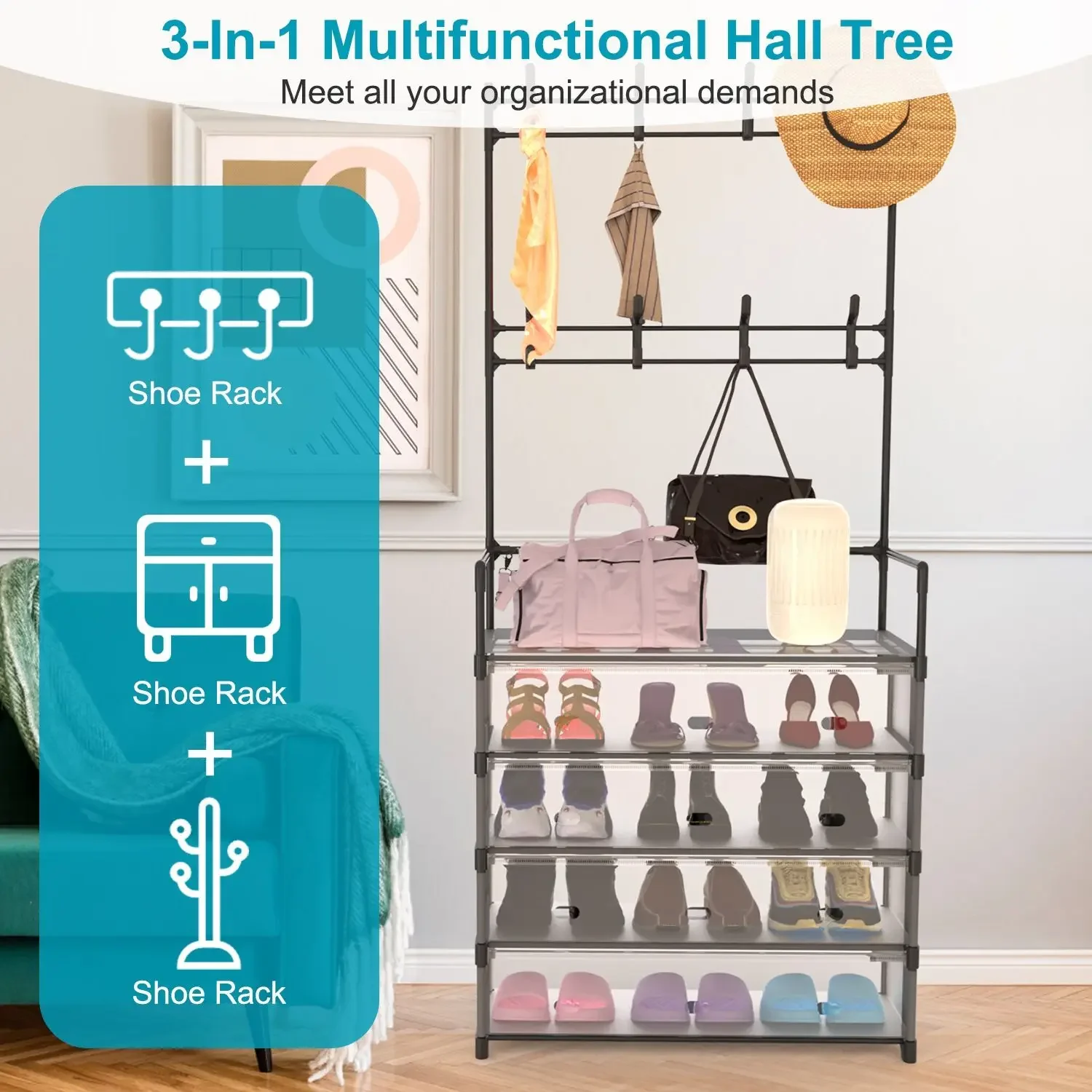 5-Tier Dustproof Hall Tree: Coat Rack, Shoe Rack, 8 Removable Hooks, Freestanding Storage Shelf, Hat & Clothes Organizer