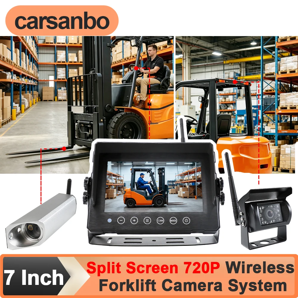 Carsanbo 7 Inch Split Screen Monitor HD 720P Wireless Forklift Front View and Backup Camera System Magnetic Battery Laser Guide