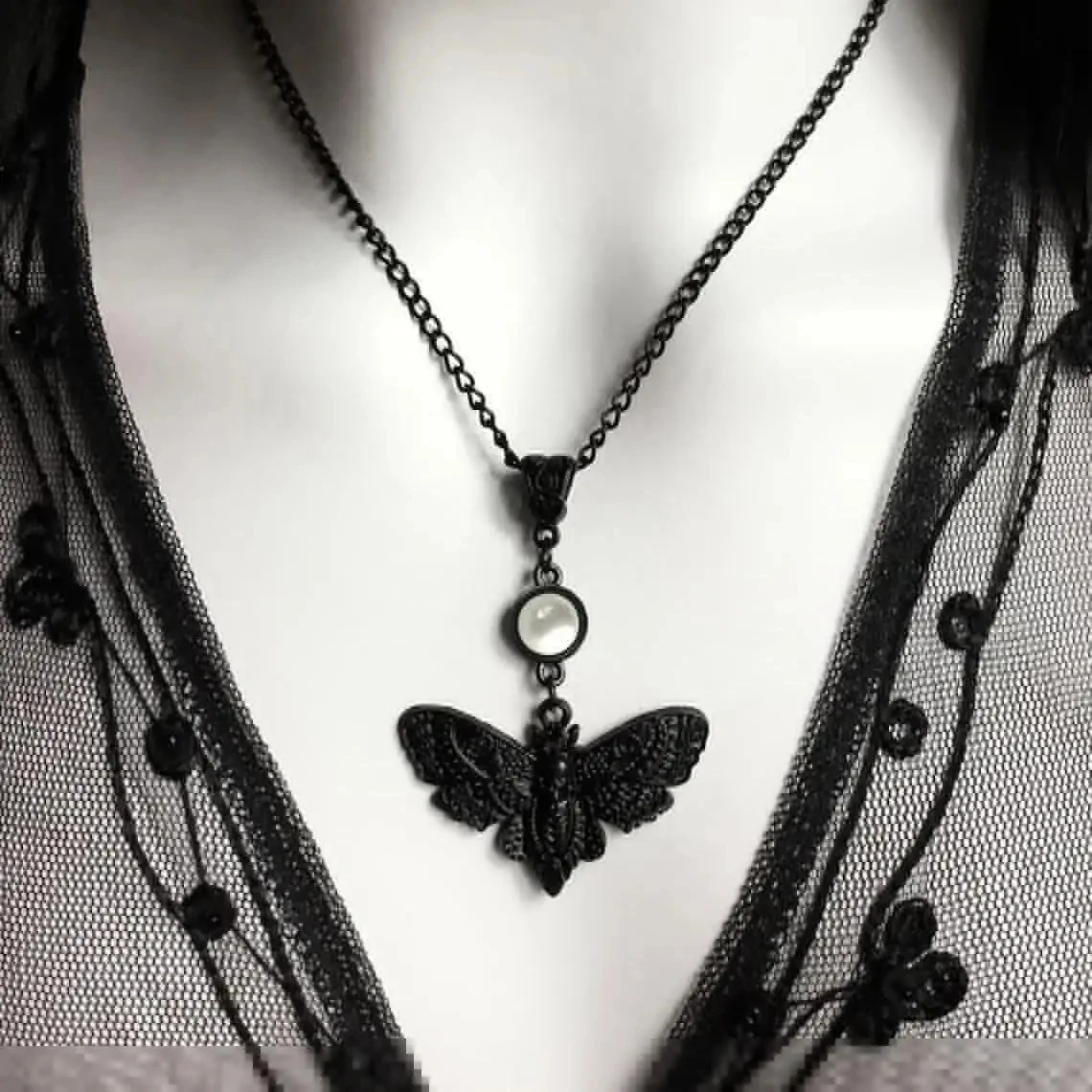 Black Death\'s Head Hawk Moth Necklace, Open Wings, Gothic Jewelry, Creepy Cute, Insect Jewelry, Halloween, Full Moon, Gift