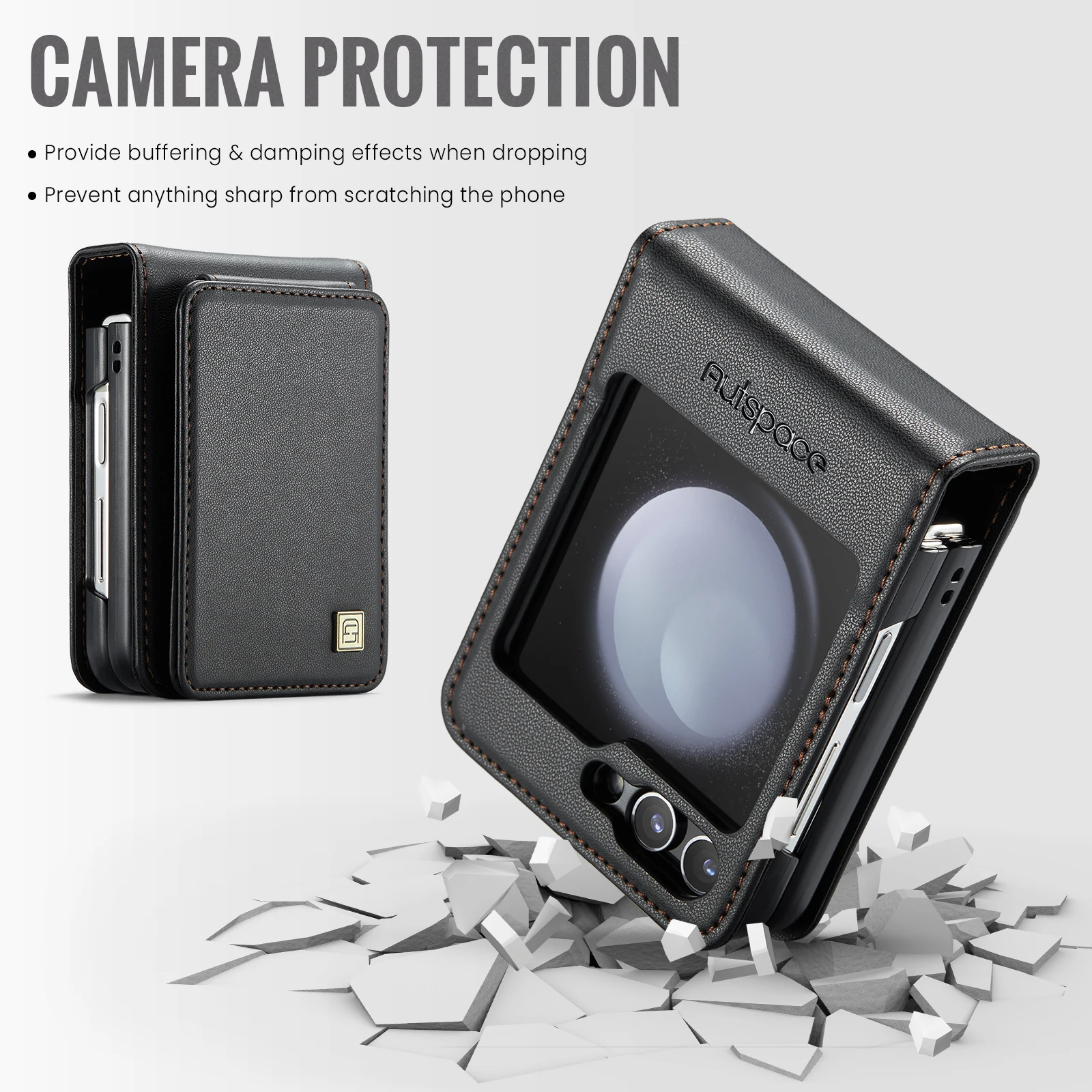 AUTSPACE Luxury Foldable Magnetic Card Bag Leather Case for Galaxy Z Flip 5 Shockproof Heavy Duty Slim Wallet Case Folding Cover