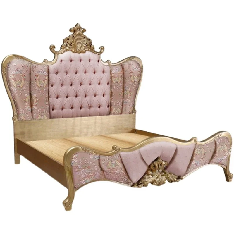 

-For Frame Backrest Gold Bed Luxury Double Vintage Wooden Adults Twin Bed Bedroom Queen Big High Cama De Casal Home Furniture&