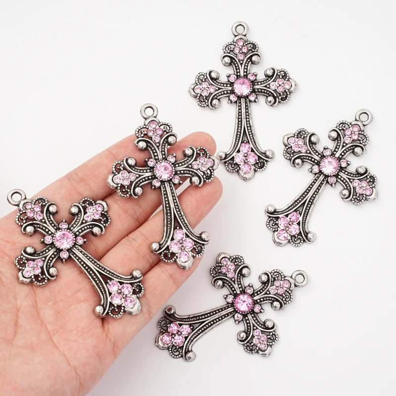 2Pcs Gothic Silver Cross Pendant Inlaid with Pink Water Diamond Vintage Filial Cross Pendant Jewelry Accessories