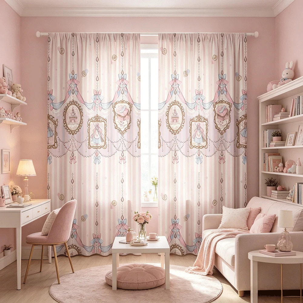 2PCS Sweet Cute Curtains, Kawaii Pattern Print, Adorable Window Drapes for Girls Bedroom Nursery Living Room Decor