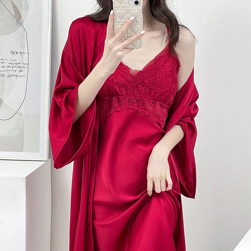 White Bride Wedding Robe Set Spring Summer Female Bathrobe Sleepwear Sexy Patchwork Lace Suspender Nightgown Rayon Home Dress