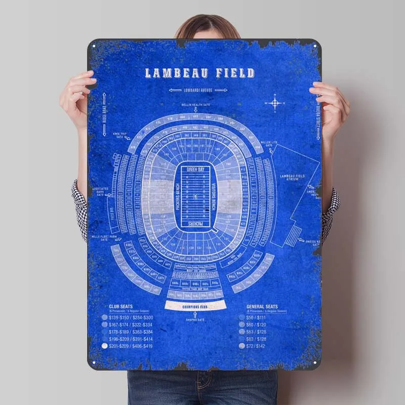 Lambeau Field Blueprints Metal Poster Custom Sport Tinplate Sign Wall Art of Murals Bedroom Decoration Living Room Man Cave Home