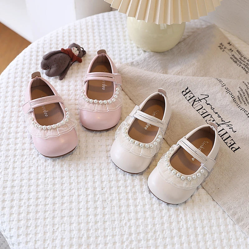 

Spring Girl's Princess Shoes Pearl Lace Round Toe Sweet Kid's Flat Shoe Solid Colors Anti-slip Fashion Lovely Children Shoe 4-6Y