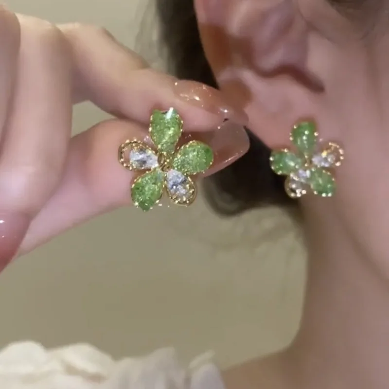 New Stitching Zircon Green Crystal Flowers Earrings for Women Personality Fashion Summer Accessories Party Jewelry Birthday Gift